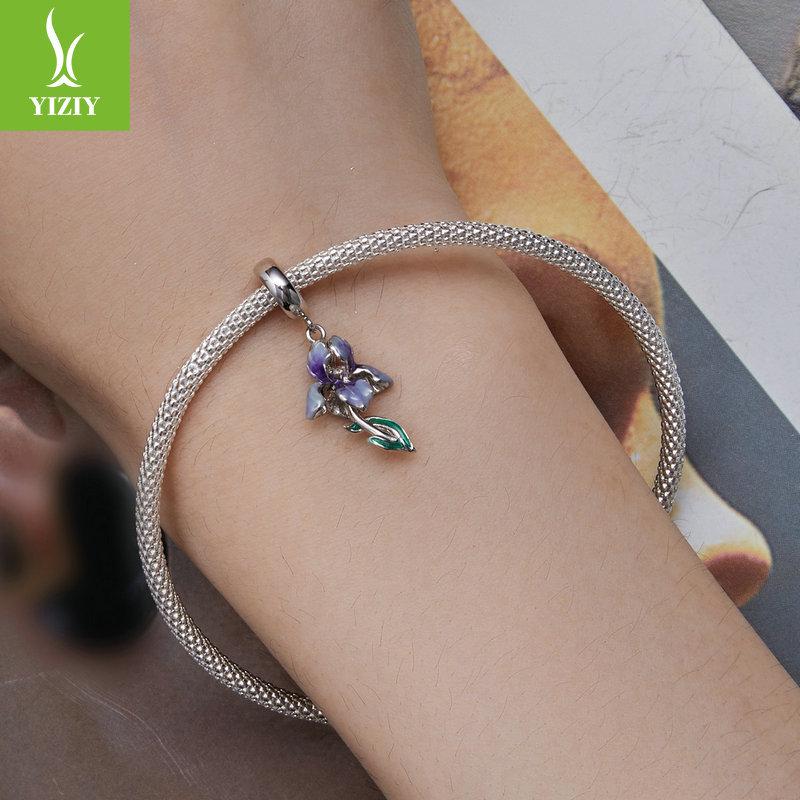 Silver Iris Gradient Oil Drip Pendant & S925 Sterling Flower Bracelet Beads