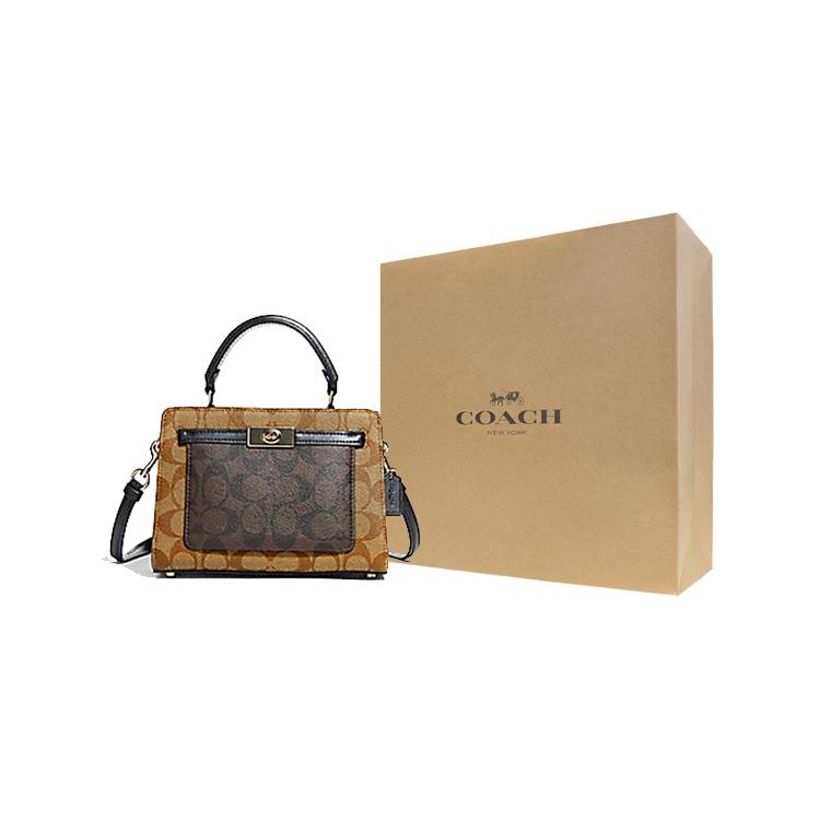 New COACH Lane Canvas With Leather Handbags Shoulder Bag Crossbody Bag Small Size Women's Brown & Khaki C8688-IMNOX