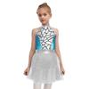 Girls Alien Costume Sequins Shiny Metallic Halter Sleeveless Built-In Crotch Press Buttons Briefs Mesh Tutu Dress