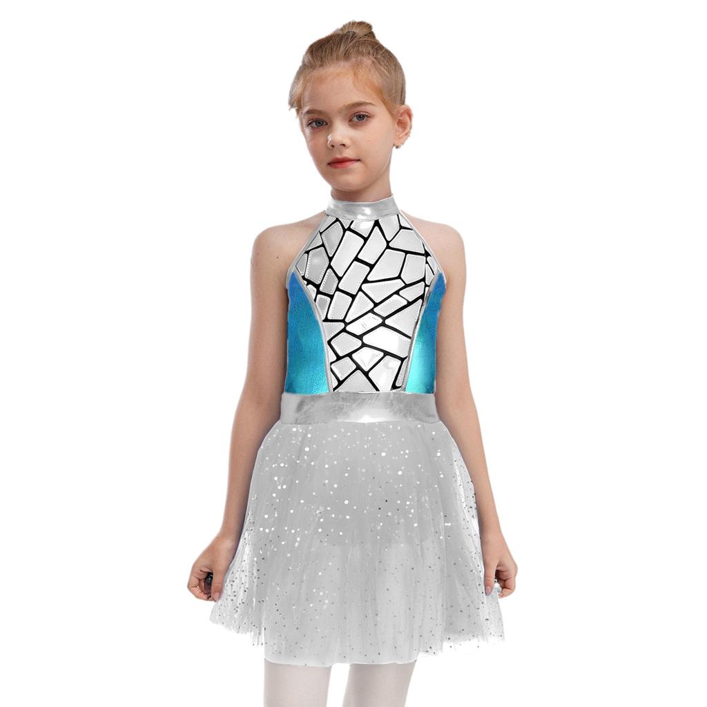 Girls Alien Costume Sequins Shiny Metallic Halter Sleeveless Built-In Crotch Press Buttons Briefs Mesh Tutu Dress