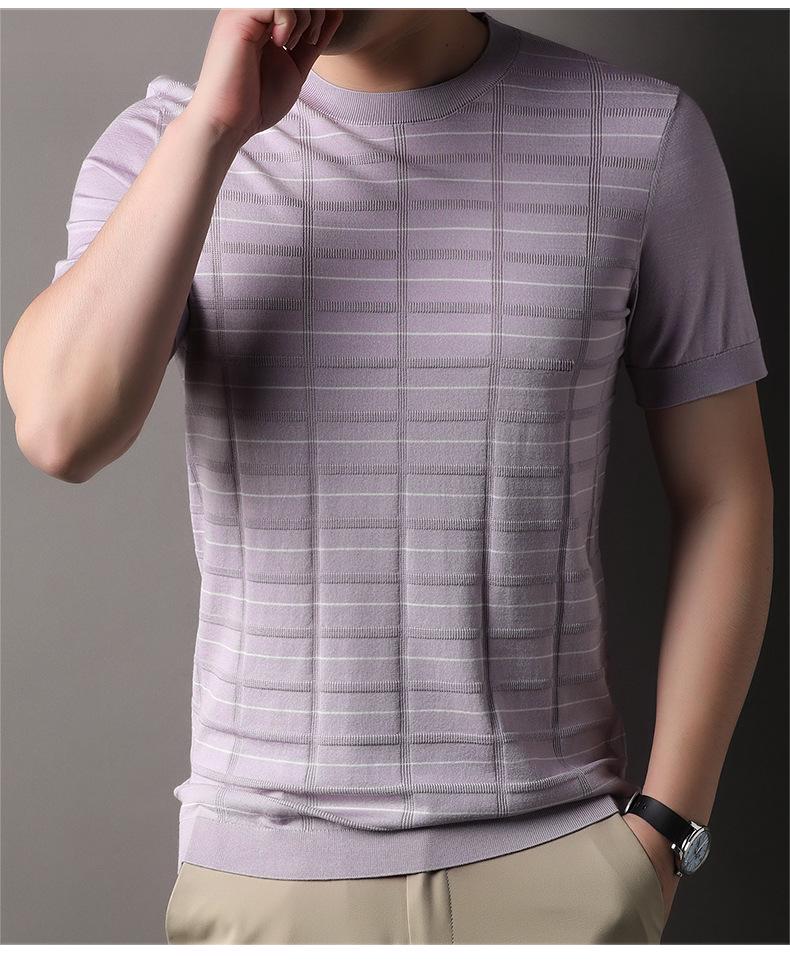 Men's Striped Round Neck Tencel Cotton Silk Short Sleeve T-shirt