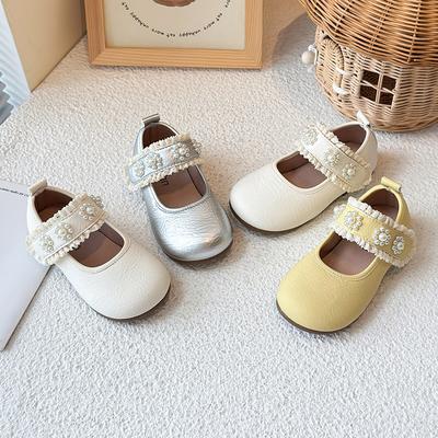 Scarpe da Principessa per Bambine Punta Rotonda Perle Dolci Scarpe in Pelle per Ragazze Suola Morbida 2025 Nuova Moda Scarpe da Ballo per Bambini Ballerine in Pizzo Tendenza