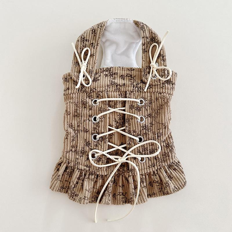 Autumn Winter Striped Lace Doll Collar Base Shirt Cute Corduroy Drawstring Vest Plush Bubble Sleeves Shoulder Strap Skirt Set