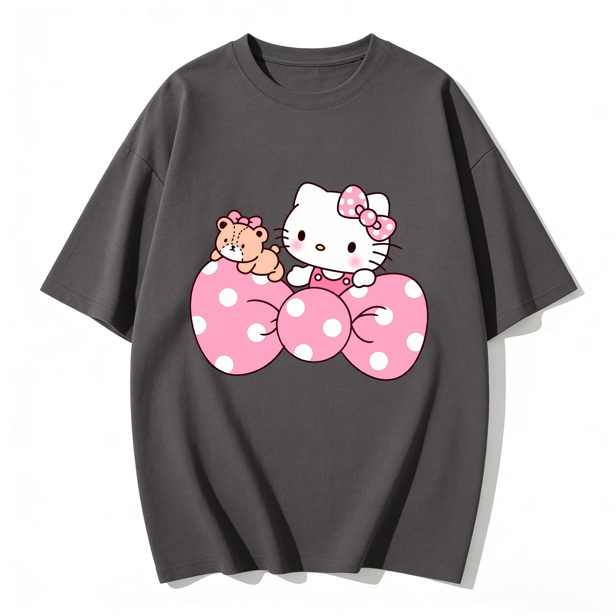 2026 New Arrival Kawaii Hello Kitty Pink Big Bow Bear Print Couple T Shirts Casual Family Matching Outfits Parentchild Tees Y2k S