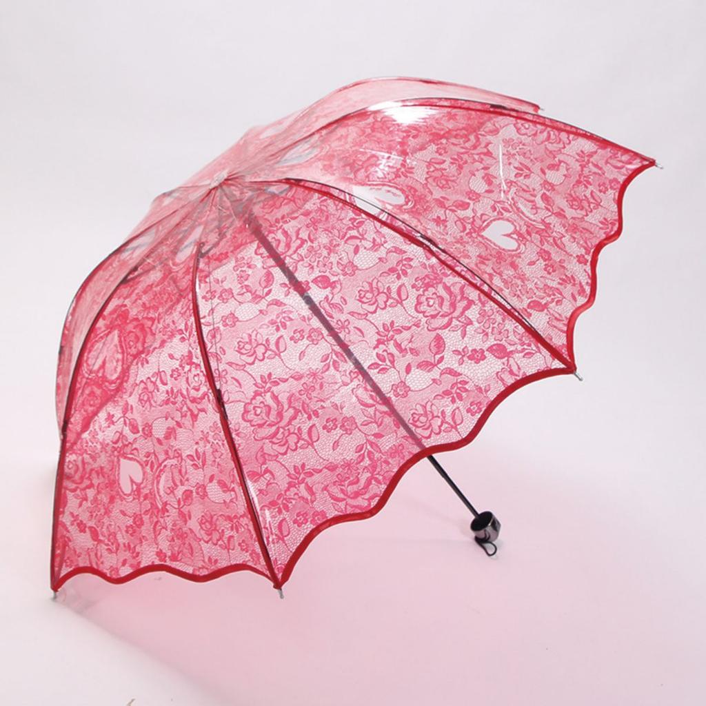 Love lace transparent plastic umbrella with three folds, convenient to carry, manually open the umbrella