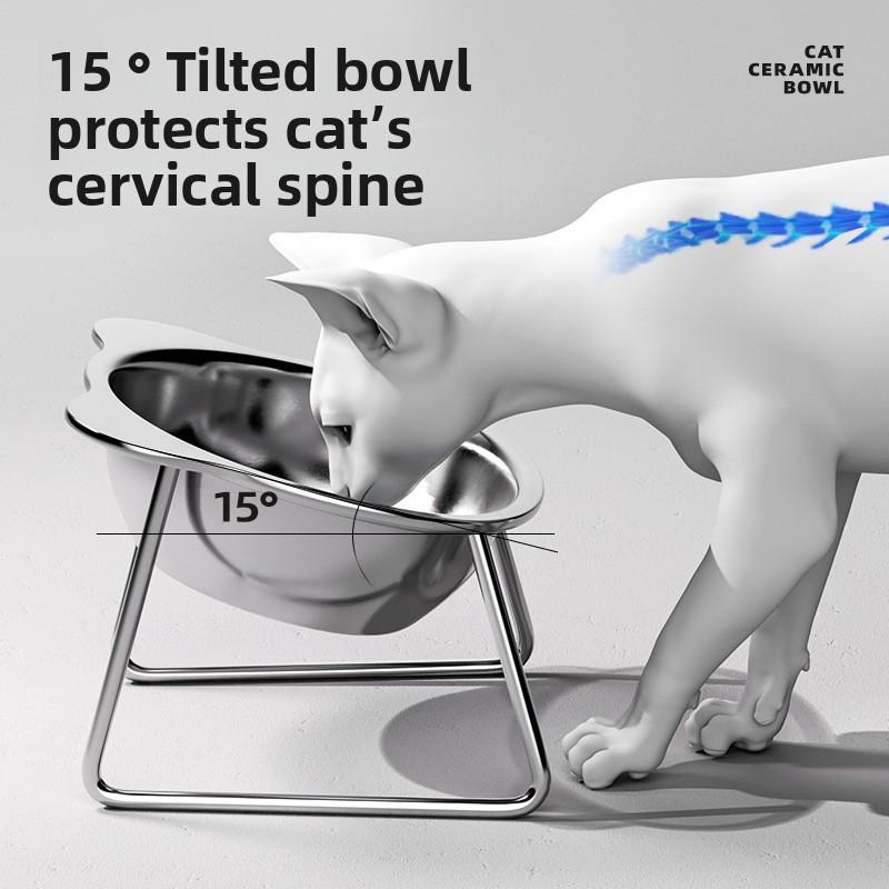 Raised Elevated 15°Tilted Cat Bowls Neck Guard Cat Food Bowl 304 Stainless Steel Shatter-resistant Pet Supplies for Puppy Cat