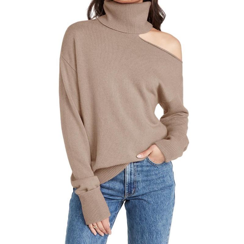 Autumn and Winter Women's Knitwear Solid Colour Lapel Leakage Shoulder Sexy Knitted Sweater