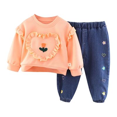 Girls Round Neck Sweatshirt Long Sleeve Jeans Suit Girls Two Piece Suit
