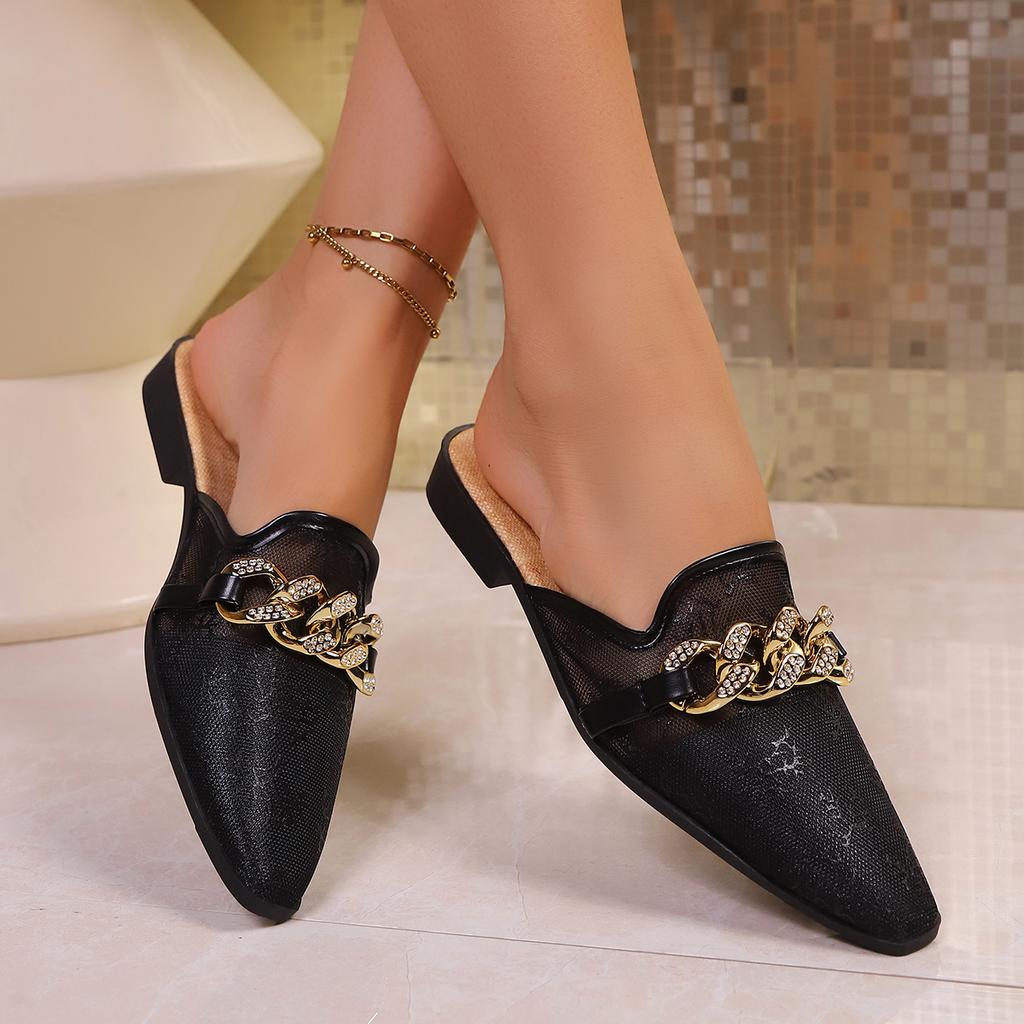 Fashion Women Slippers Luxury Fashion Elegant Shoes Ladies 2025 New Summer Mules Slippers Pointed Toe Flats Sandals Slides Women