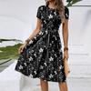 Women's Fashionable Print Round Neck Loose Short Sleeved Pocket Pullover Dress
