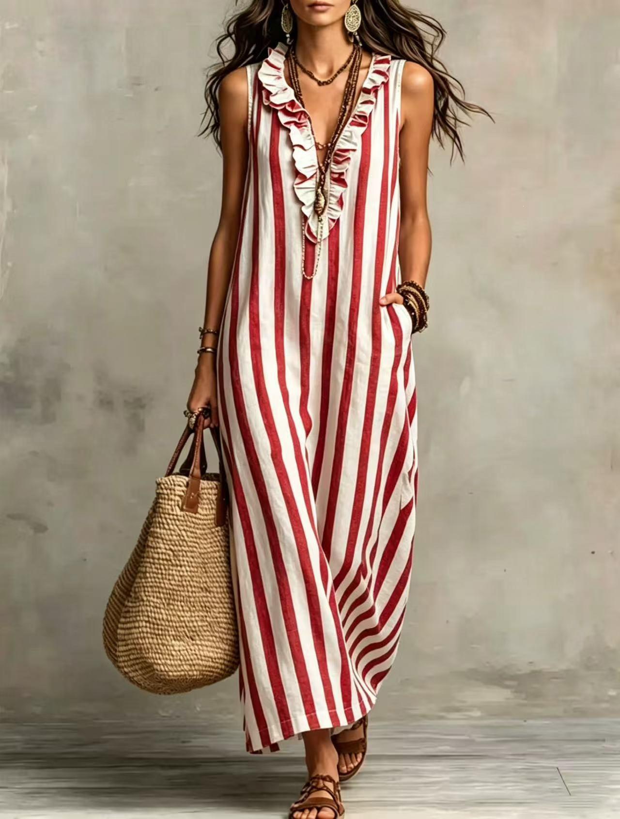 2026 summer new cross-border bohemian vertical striped V-neck edge pocket sleeveless linen dress S красный