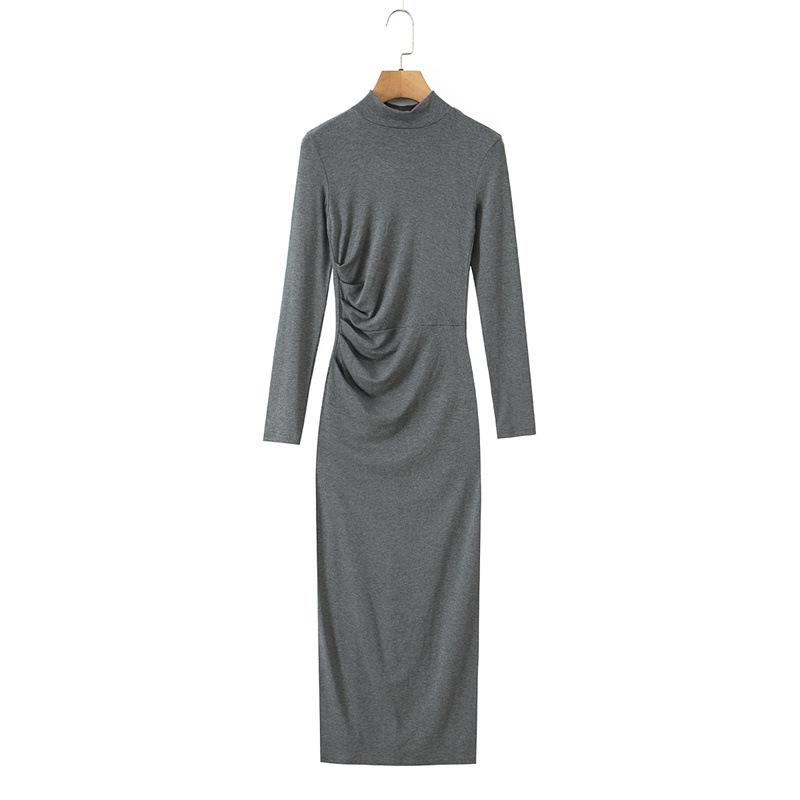 

Elegant Women s High-Neck Pleated Long-Sleeve Dress: Autumn/Winter Inner Layer, Retro Yujie Style, Waist-Cinched, Hip-Hugging Long Skirt. Medium серый