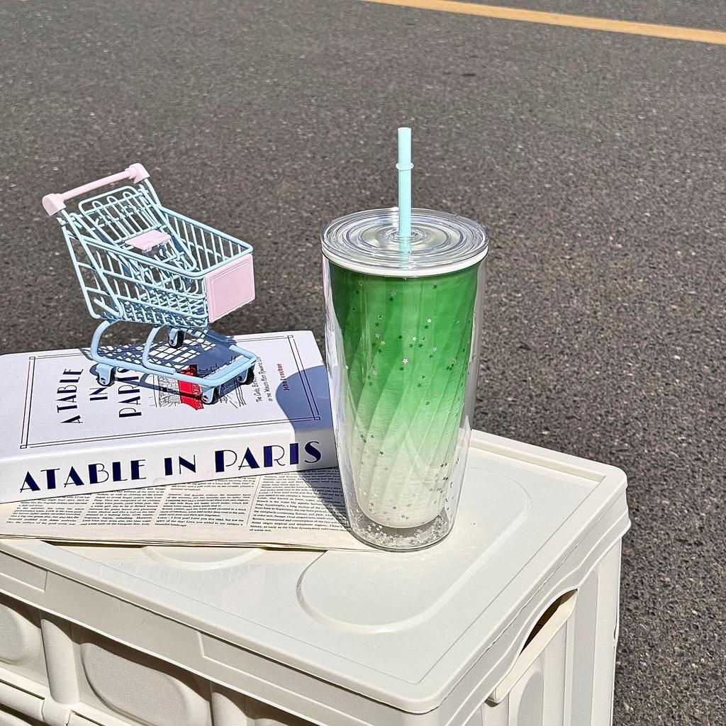 Summer Plastic Water Cup Female High Value Straw Cup, Portable Sports Large Capacity Gradual Change Color Cup