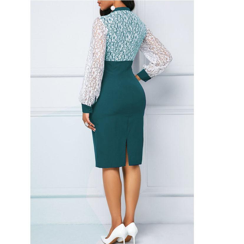 Plus Size Women's Lace Long Sleeve Bodycon Dress Elegant High Waist Patchwork Midi Office Dress