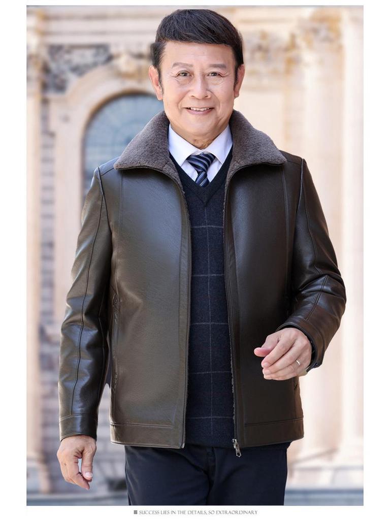 Men's 50+ Velvet-Lined Leather Jacket for Winter, Suitable for Middle-Aged & Elderly
