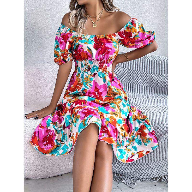 

Ruffle Edge Dress2025 Spring/Summer European and American Women clothes Flower Square Collar Short sleeve Waist Hugging Frill A- line Skirt Red XL