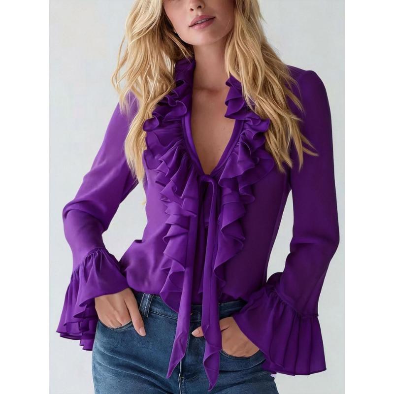 Spring European and American new style French elegant ruffled solid color V-neck puff sleeve shirt