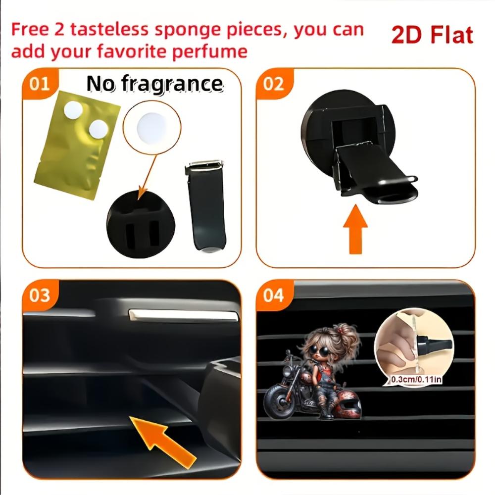 2D Flat Motorcycle Girl Car Vent Clip Decorative Diffuser (fragrance Not Included), Car Interior Decoration, Aromatherapy Clip,ideal for Holiday Gifts