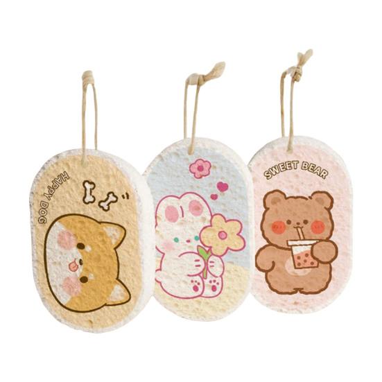 1/3 vnt. Sustorinta medienos plaušų kempinė su animaciniais raštais, saugi kūdikiams, indų plovimui, aliejų sugerianti, neabrazyvi puodų šveitimo priemonė