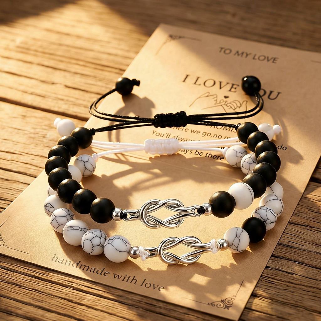 Natural White Howlite Black Sandblasted Unisex Bracelet Couple Knot Matching Pair Jewelry