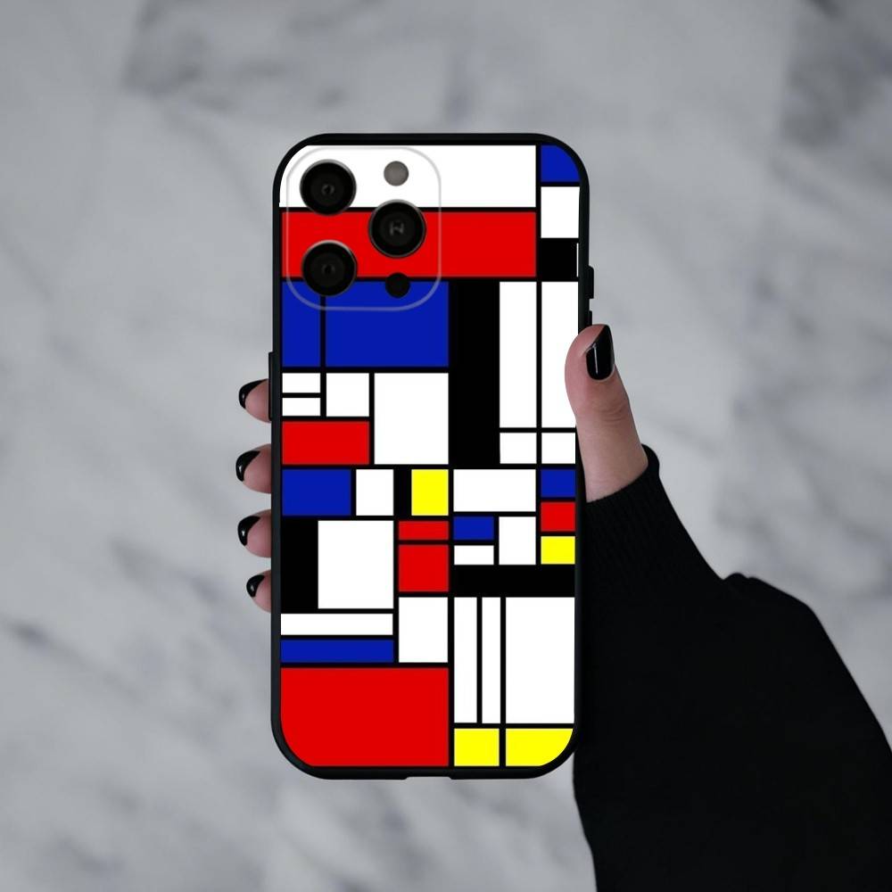 Grid T-TOPLBPCS M-Mondrian  Phone Case For iPhone 17pro,16,15,14,13,12,11 Plus,Pro Max,XS,Soft Silicone Black Cover