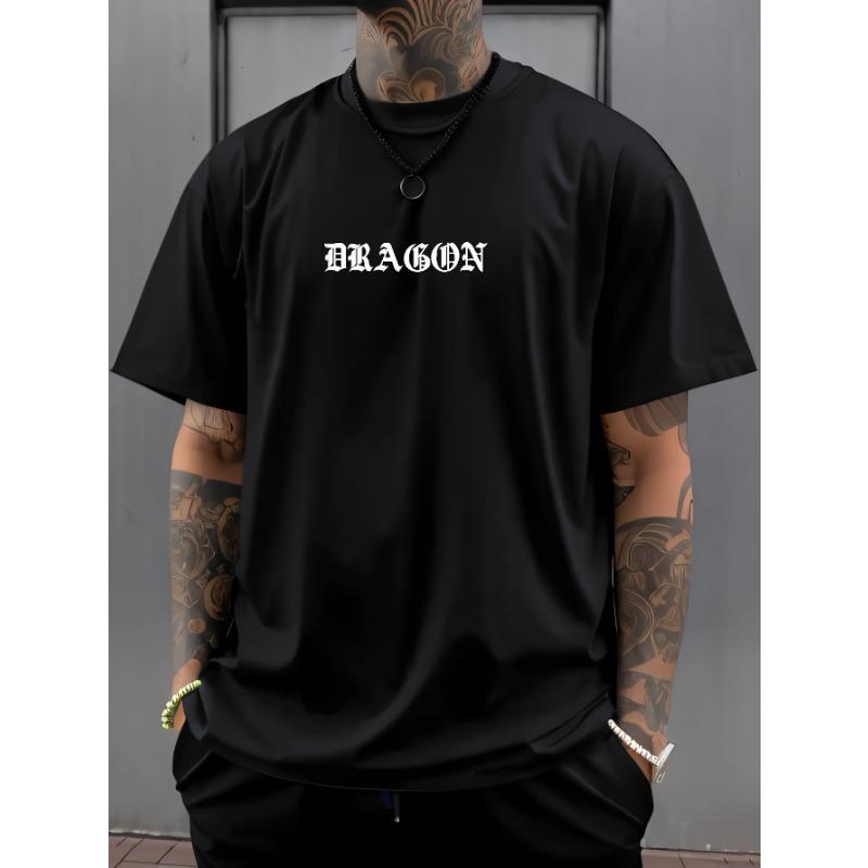 European Sizes Men's Dragon Letter Print Sporty Casual Versatile Short-Sleeve T-Shirt