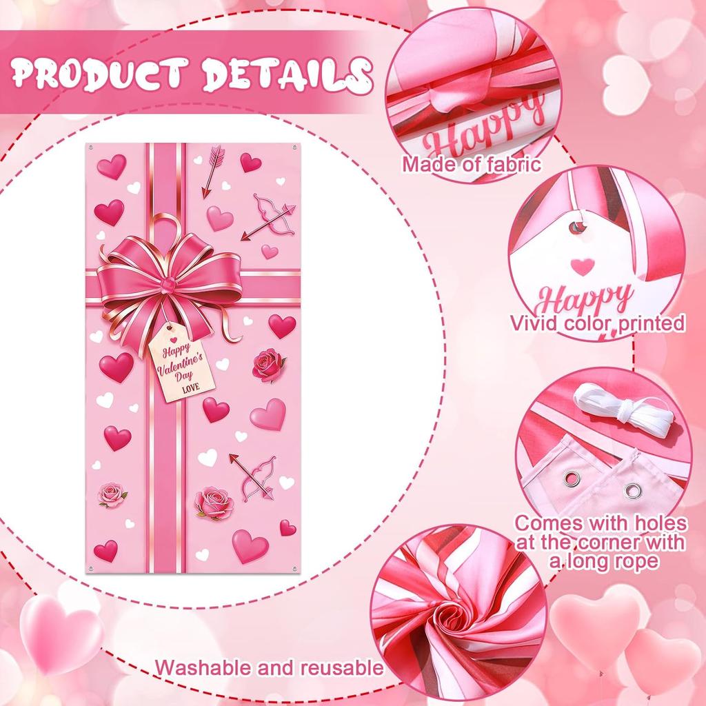 Happy Valentine's Day Door Cover Decoration Pink Bow Gift Box Door Banner Valentines Day Love Heart Hanging Banner Valentine Present Backdrop for
