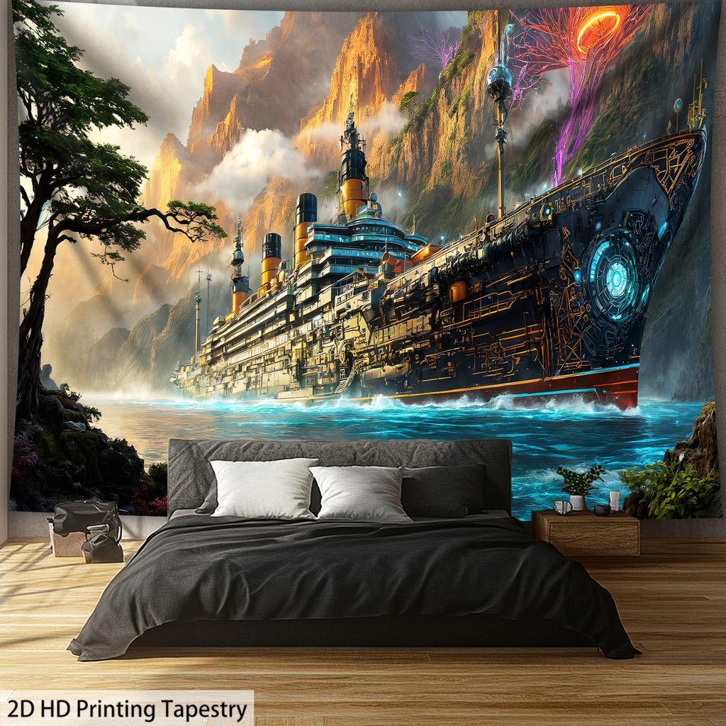 Sailing Ship Canyon Scenery Digital Printing Polyester Wall Hanging Tapestry Decorative Living Room Bedrooms Background Gift