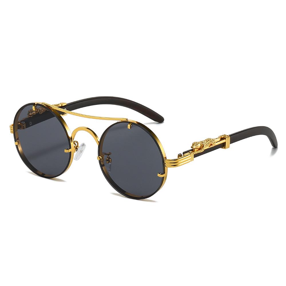 Cross-Border Retro Double-Bridge Leopard Head Men's Metal Round Sunglasses