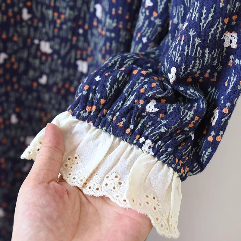 Spring and Fall Women's Cotton Long Sleeved Nightgown Simple Plus Size Double-layer Gauze Lace Design Night Wear Dress Outfit