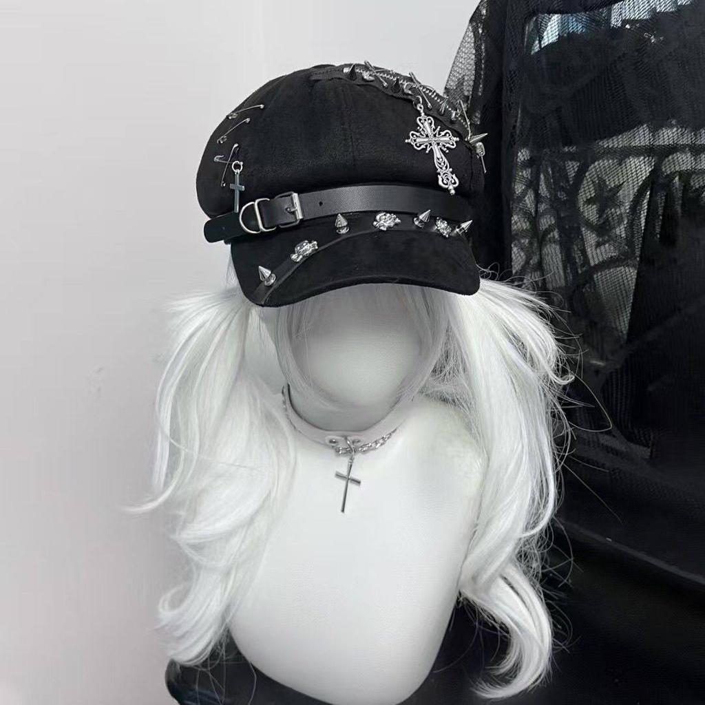 Cute Inns Hat Beret Y2k Hats for Women Men Hat Punk Subculture Painter Hat Versatile Metal Rivet Cross Hats