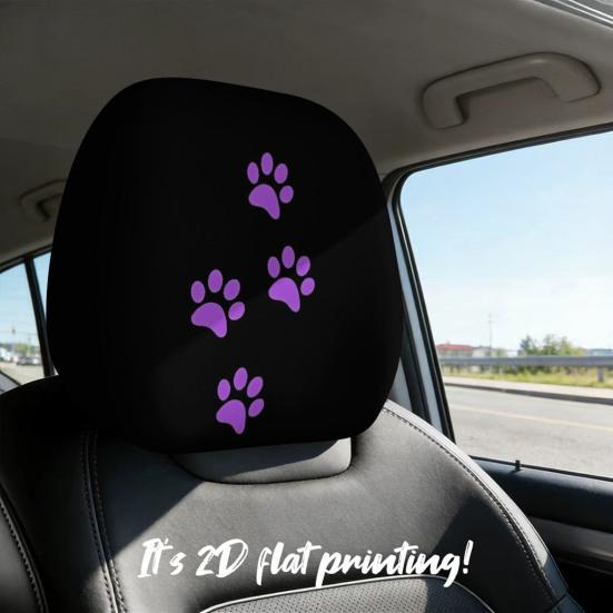 Durable Polyester Car Seat Accessories 2Pcs Universal Headrest Cover with Purple Cat Paw Print, Elastic Personalized Vehicle Sleeves Protector