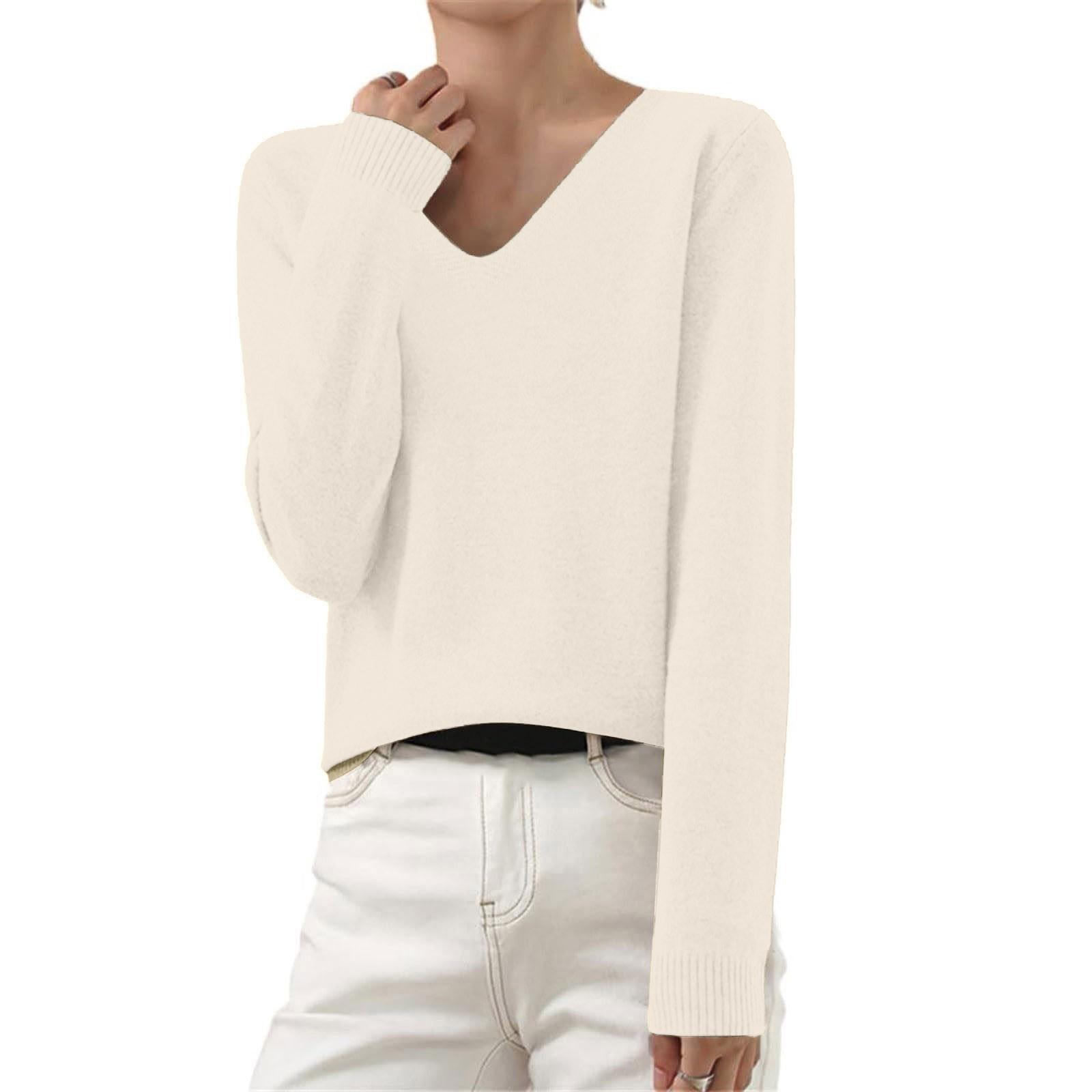 

Женская и зимняя мода с длинными рукавами и V-образным вырезом, свободный свитер-топ S бежевый