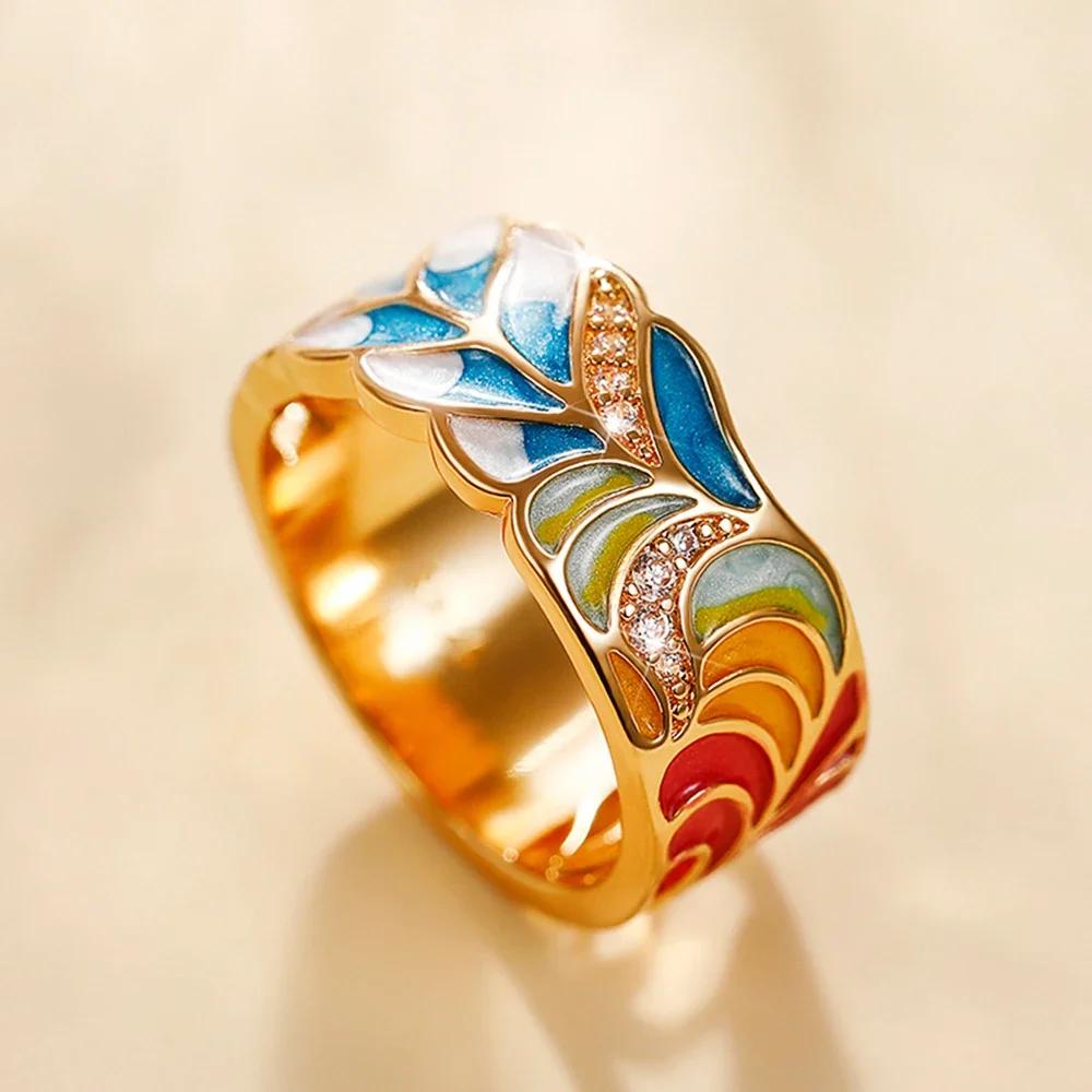 New Newly Designed Colored Enamel Women Rings for Party Aesthetic Pattern  Luxury Gold Color  Fancy Gift Fashion Jewelry