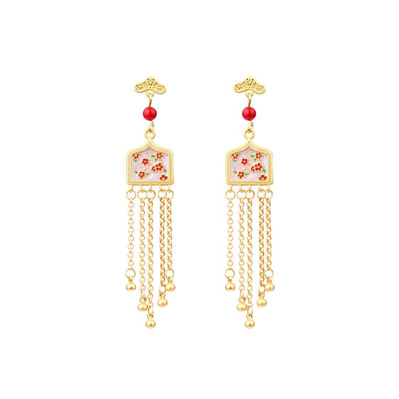 925 Sterling Silver Enamel Plum Blossom Tassel Earrings, Chinese Palace Style Earrings for Women