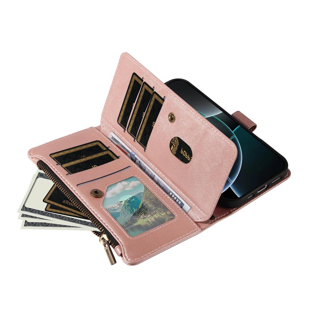 iPhone 18 Pro Max Leather Grain Wallet Case - 9 Card Zipper Leather, Protective Phone Cover
