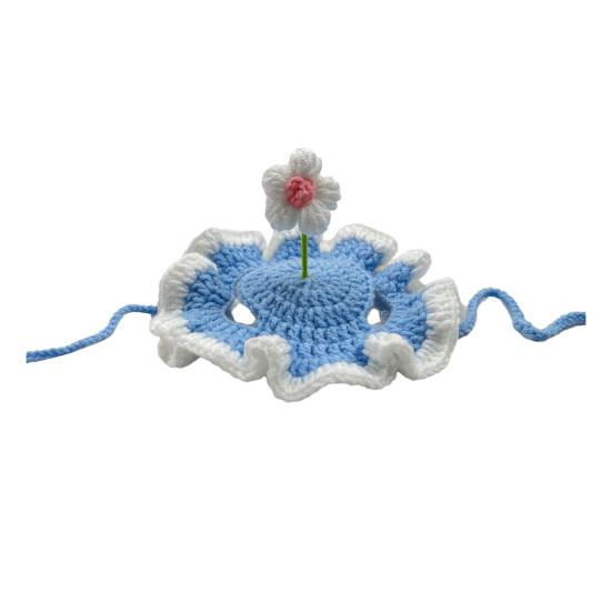 Crochet Flower Cat Hat Handmade Scalloped Pet Hat with Flower Ear Holes Cute Flower Hat for Small Medium Dogs Cats Party Photo Props