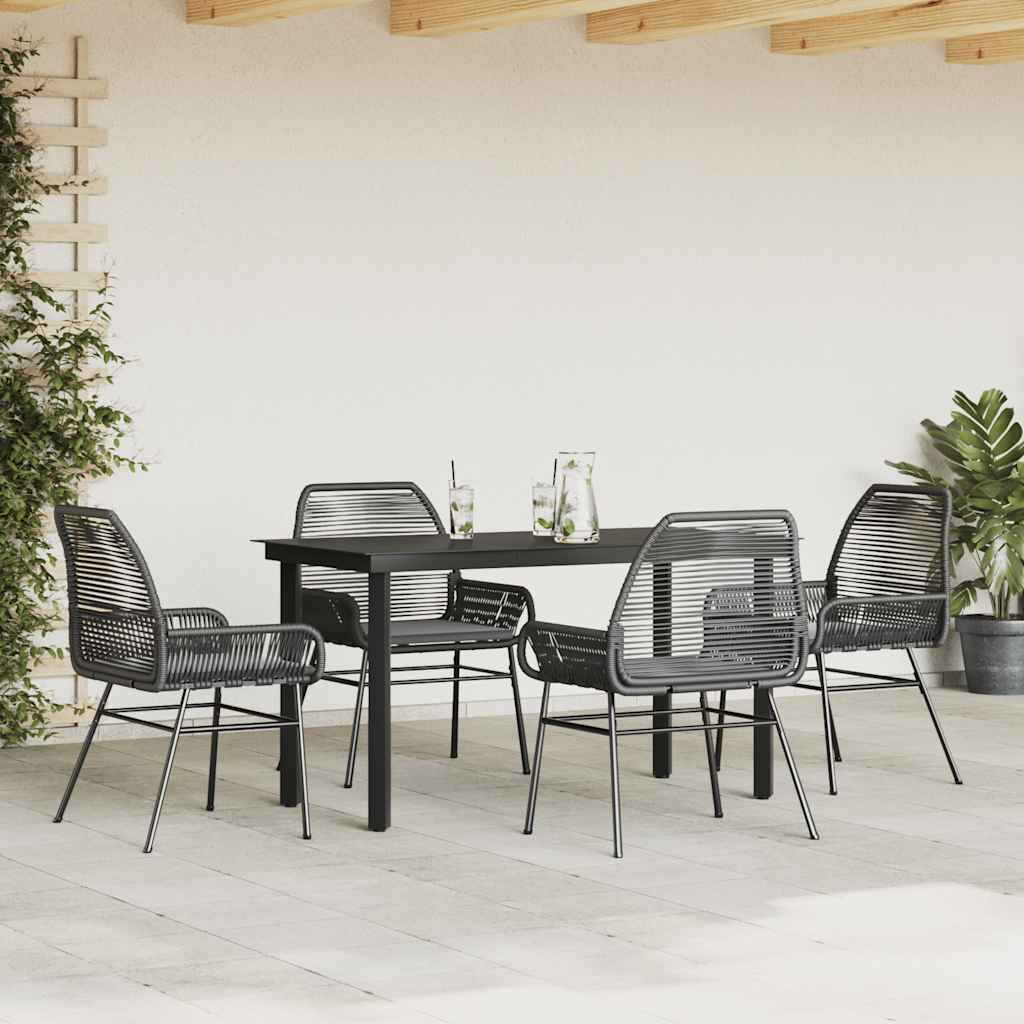 5 Piece Outdoor Dining Set with Cushions Black Poly Rattan Glass Table