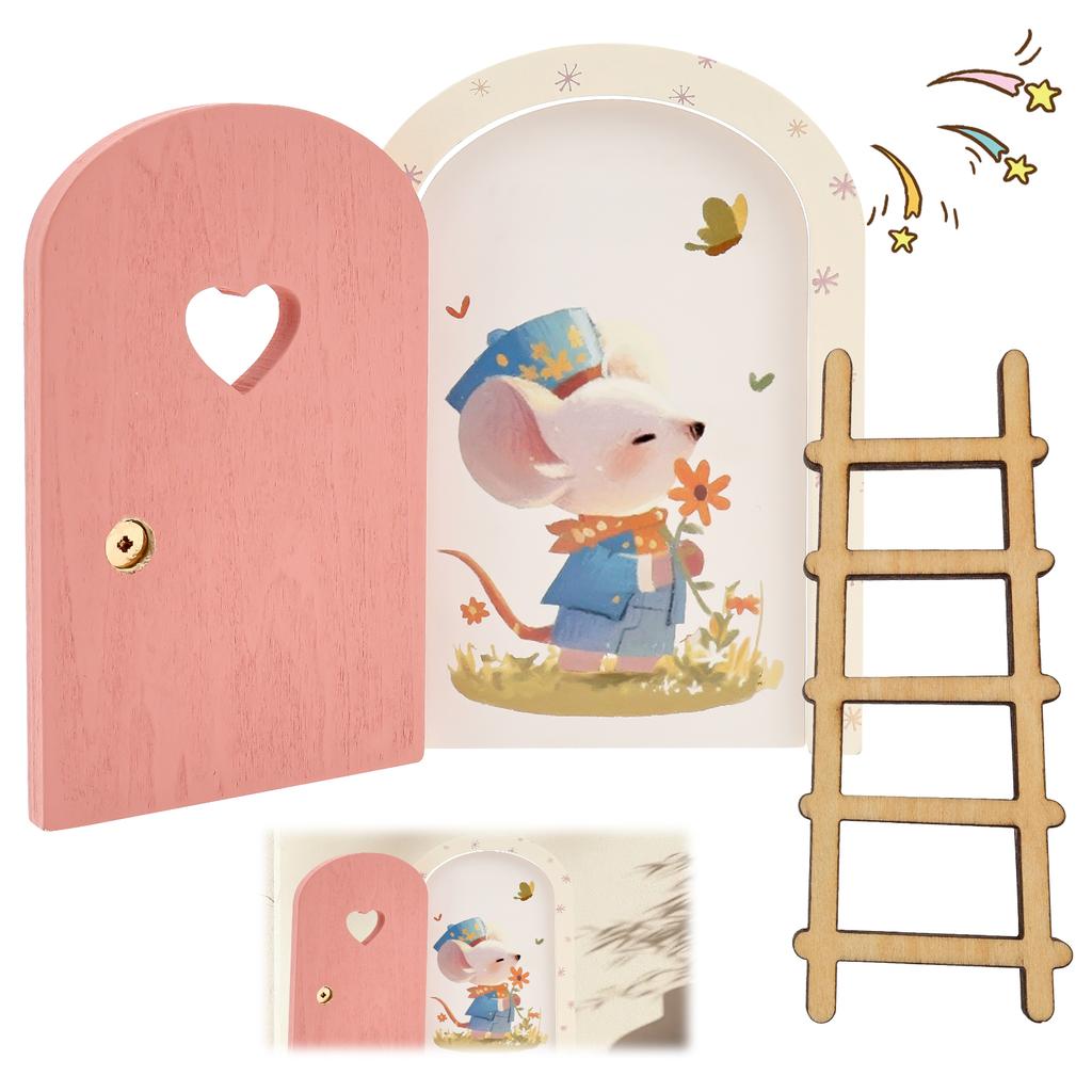 Cartoon Elf Door Fairy Door Kit with Ladder Natural Wood Elf Door Kit for Children's Room Wall Bookshelf Tree Garden Decoration