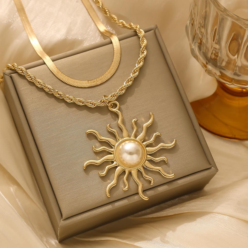 Women Two Layer Pearl Sunflower Pendant Necklace