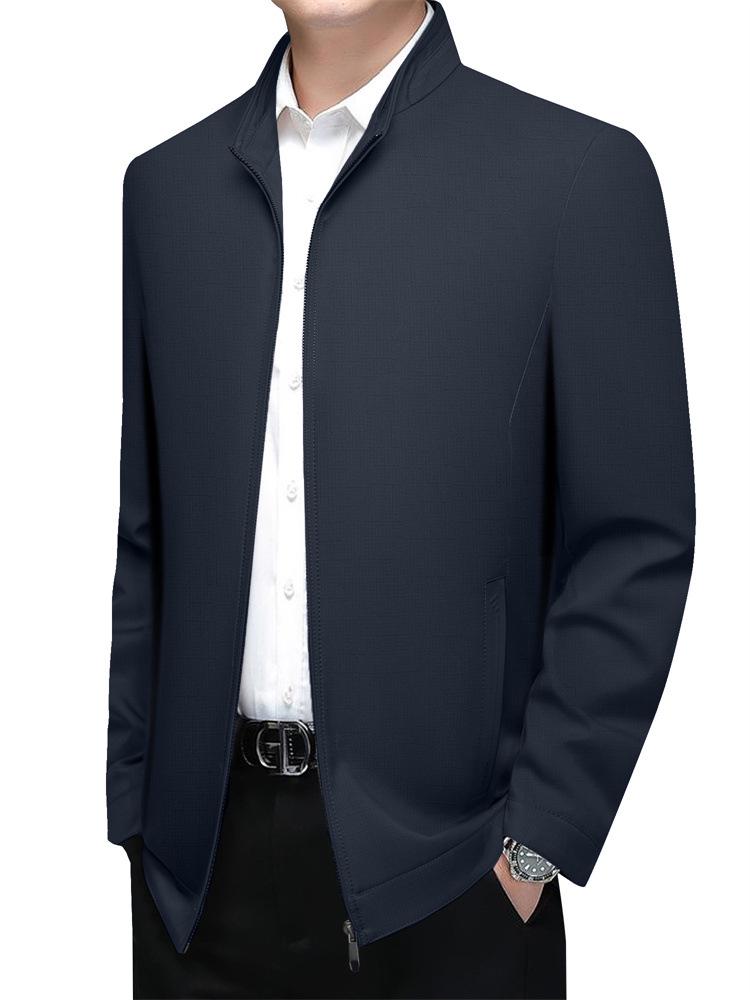 2026 Spring Men's Solid Color Stand Collar Zipper Jacket - Long Sleeve Business Casual Coat for Dad Trend.