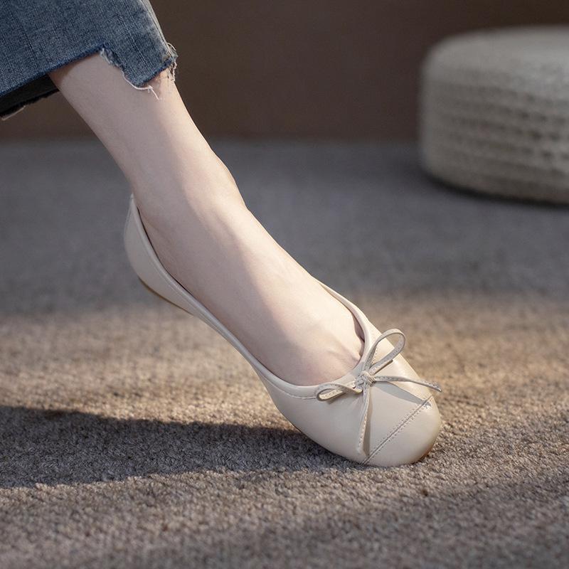 French Single Shoes Women'S Calfskin Flat Bottom Round Head Bow Late Evening Breeze Spring Summer Mary Jane Red Shoes