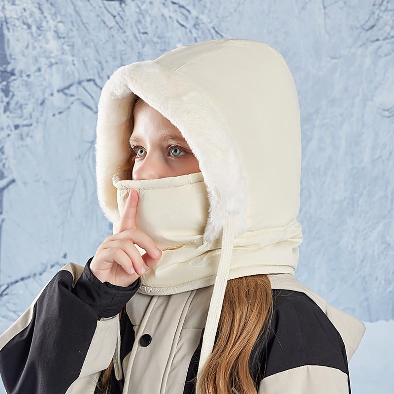 Childs Fleece Hooded Hat With Face Mask For Winter Outdoor Sports And Daily Use бежевый