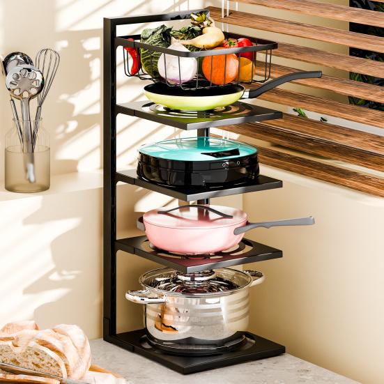 Pot Pan Organizer Rack under Cabinet, Heavy Duty Pot Pan Rack under Sink Organizers, 4/5 Tiers Height Adjustable Pan Organizer Rack, Pot Lid organizer
