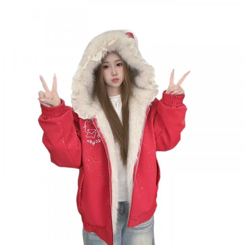 Womens Winter Faux Fur Hooded Cotton Coat Solid Color Loose Fit Thick Warm Jacket