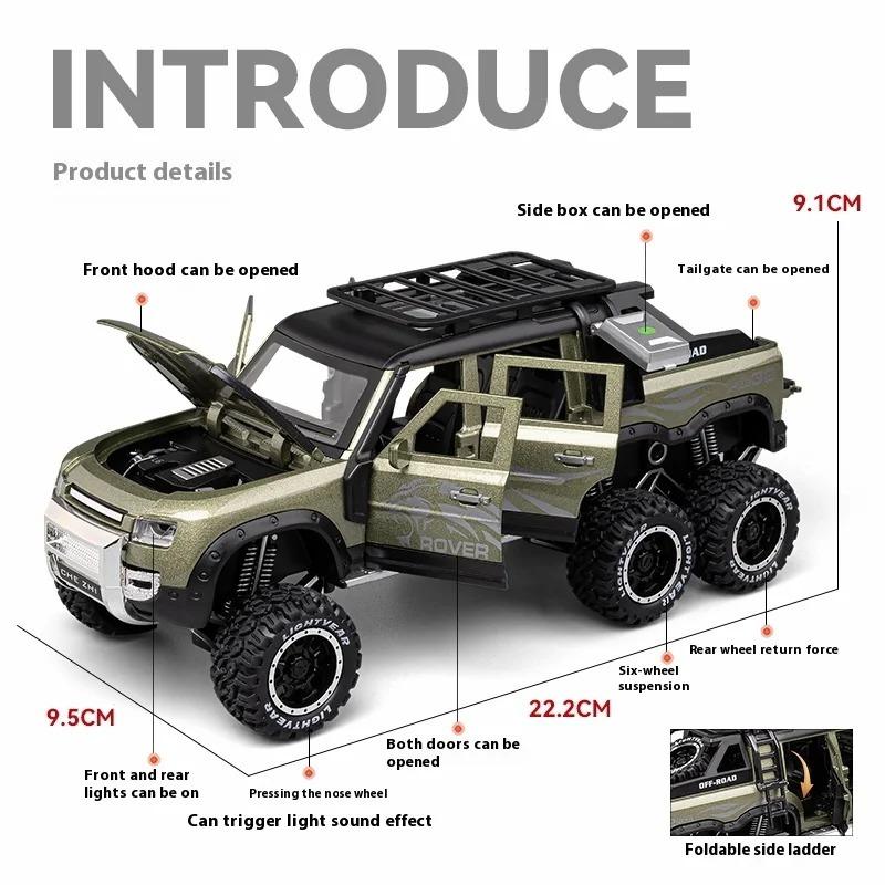 Toy Car 1/24 Land Rover Defender Six Wheels Off Road Pickup Car Model,Pull Back Diecast Truck Collectible Truck with Sounds  Lights for Kids Adults