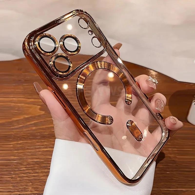 Plating Transparent for Magsafe Case for iPhone 17 16 15 Pro Max Plus 17 Air 14 13 11 12 Magnetic Camera Protector Soft Cover