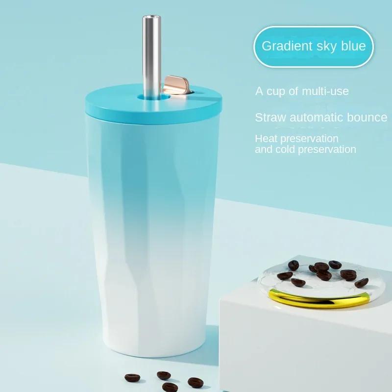 New 600ml Fashion Gradient Coffee Cup Portable Stainless Steel Water Cup with Straw Heat and Cold Insulation Coffee Gift Cup LIY