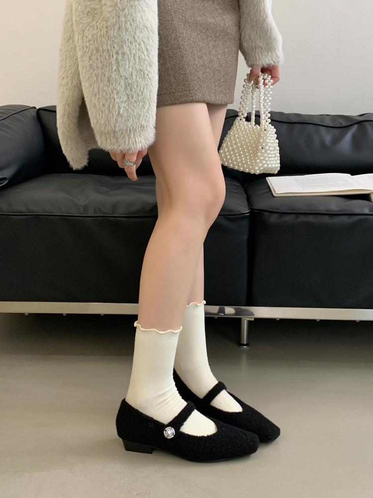 Французские бархатные туфли-лодочки женские 2025 новые осенне-зимние французские сказочные пушистые туфли женские повседневные плоские туфли Мэри Джейн из хлопка 35