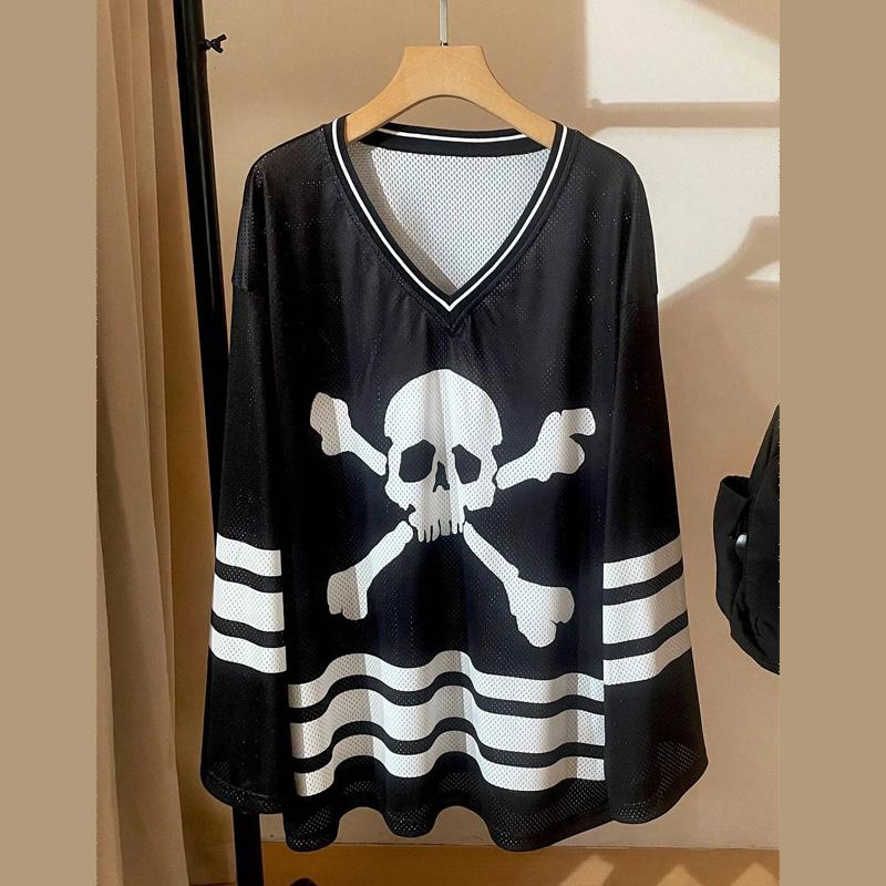 Y2K Printed Loose Long Sleeved Women's T-shirt V-neck Casual Sports Style Top